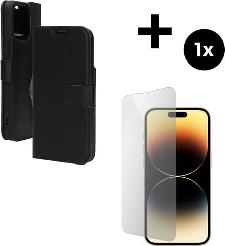 Mobiparts Classic Wallet hoesje geschikt voor Apple iPhone 14 Pro Max met 1 Screenprotector van Gehard Glas - Zwart