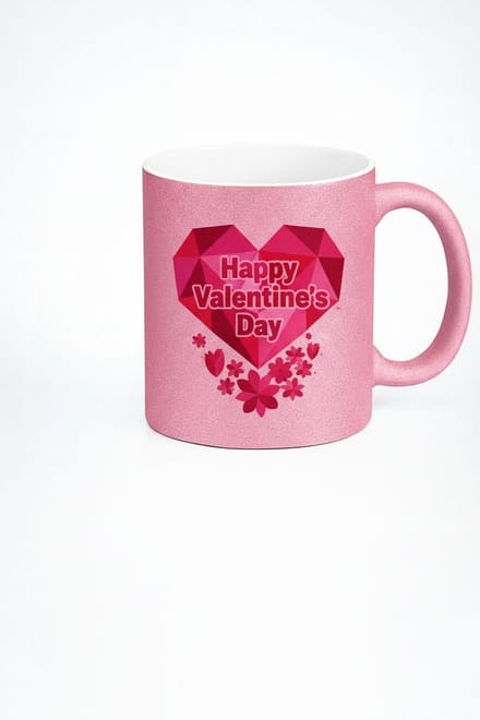 Roze Glitter Valentijnsdag Mok 'Happy Valentine's Day' met Geometrisch Hart