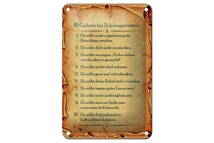 Blechschild Spruch 12x18cm 10 Gebote für Schwiegerväter