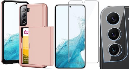 Hoesje met Pasjeshouder geschikt voor Samsung Galaxy S22 - Screenprotector GlassGuard & Camera Lens Screen Protector - Back Cover SlideCase Roségoud