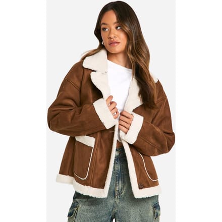 boohoo Dames Lange borg-gevoerde nepsuede jas | Brown | Maat: 6