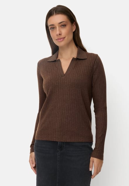 camel active Jerseyshirt met geribbelde kraag - Maat womenswear-M - Bruin