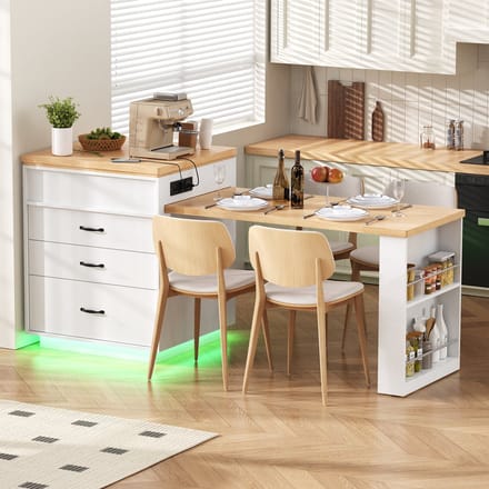 Keukeneiland - Op Wielen - Met Uitschuifbare Tafel en Led - Met Stopcontact - Hout - Wit