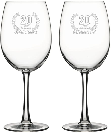 Gegraveerde set rode wijnglazen 58cl Gefeliciteerd 20 jaar getrouwd