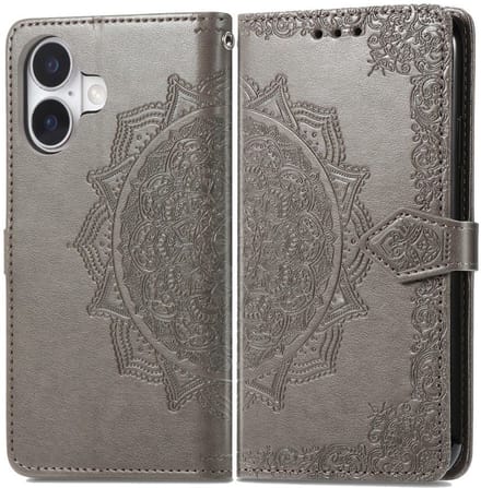 YPCd Bookcase geschikt voor Apple iPhone 16 - Bloemen Design - Portemonnee / Wallet Hoesje - Grijs