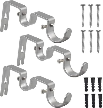 Set of 3 Adjustable Metal Curtain Rod Holders with Screws and Drills (Silver) - ShopVlot