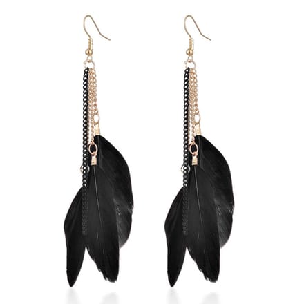 Deja Dames Oorbellen Ketting en 3 Veertjes - Zwart
