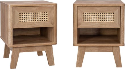 sweeek - Set van 2 nachtkastjes met 1 lade en 1 vak, houtdecor en rieteffect, eucalyptuspoten