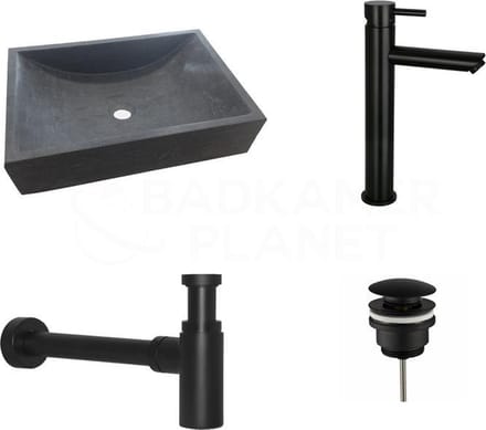 NATUURSTENEN WASKOMSET BOX MAT ZWART OPBOUWKRAAN 50X35X12 CM