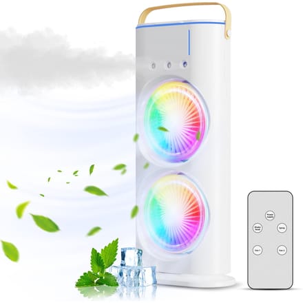 Ventilateur tour de pulvérisation à double tête, avec humidificateur à brume de contrôle, réglable à 180 degrés, rotatif à 90 degrés, Rechargeable blanc