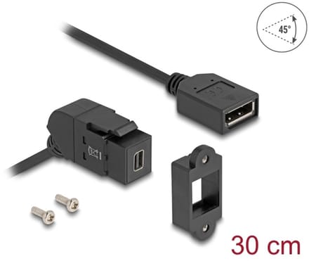 Delock Keystone Module Mini DisplayPort panel mount female to DisplayPort female 45° angled with 30 cm cable 8K 30 Hz black