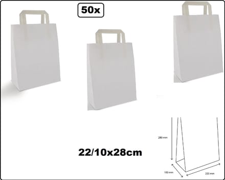 50x Papieren tas wit platte handgreep 22x10x28cm