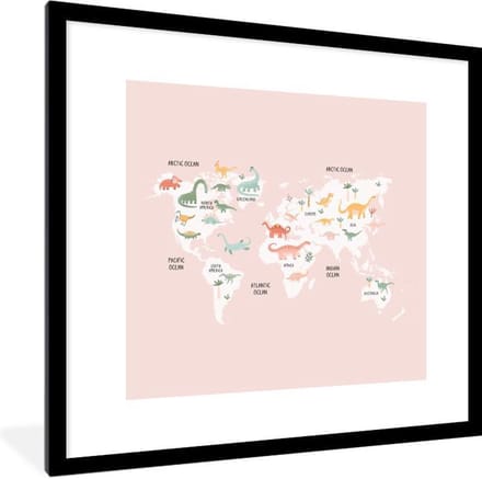 Wereldkaart - Kinderen - Dinosaurussen - Schoolplaat - Kinderkamer - 40x40 cm