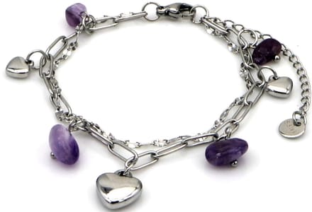 Armband - hartjes met stenen - RVS - 16-21 cm - paars – valentijn – cadeau