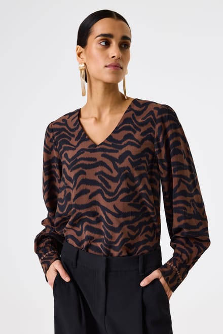 GARCIA Dames Print T-shirt Bruin Lange mouw