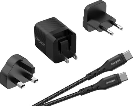 Energizer A20MUC Multi Plug Oplader (US, UK, EU) - Reisstekker Met USB-C Kabel (Zwart) | 20W - 4A