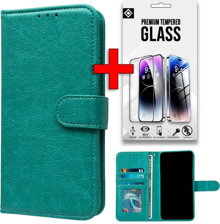 Casemania Hoesje & Glas Geschikt voor Apple iPhone 16 Plus - Turquoise - Portemonnee Book Case - Glazen Screenprotector