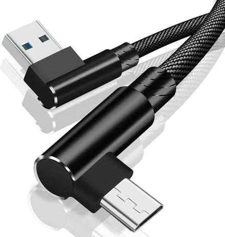 DrPhone D9 USB-A naar Micro USB Oplaadkabel 2 Meter – Dubbel 90° Haaks – Tot 3A – 480 Mbps Data – Nylon – Zwart