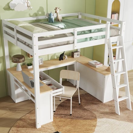 Sweiko Hoogslaper - 140x200cm - Met bureau - Kinderbed - 2 lades - Opbergplank - Wit + naturel