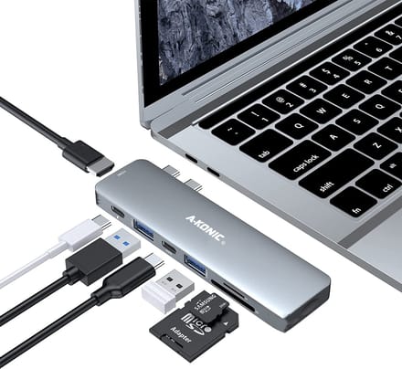 A-KONIC USB-C HUB - 7 in 1 - met / naar HDMI 4K, 2x USB 3.0, 2x USB C (thunderbolt 3, opladen & data Transfer), Micro/SD card reader Hub – USB Splitter - Geschikt voor Apple Macbook Pro / Air- Grey