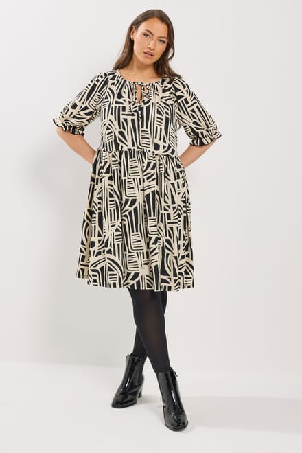 Yours Zwarte Abstracte Jurk Met Strik Aan De Hals Size 46