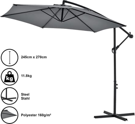 Zweefparasol staal Ø 270x245 cm incl. kruisvoet grijs