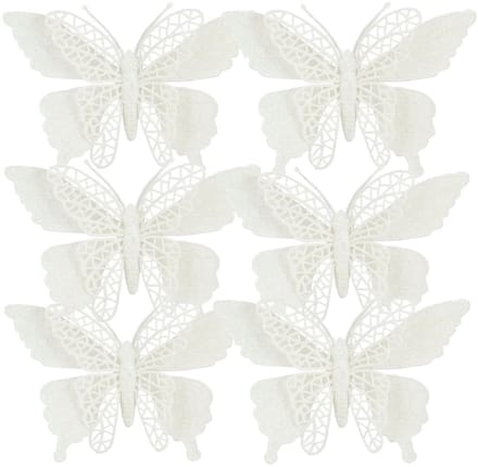 Kerstboomversiering Vlinder - 6x stuks - 16 cm - wit glitter - op clip