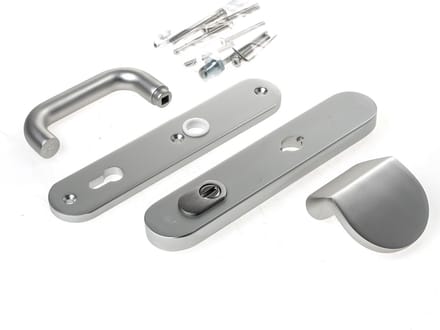 Veiligheidsgarnituur, D4E, alum., afgerond, duwer/kruk, met kerntrekbeveiliging, PC92, deurdikte 40-54mm