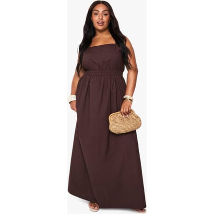 boohoo Dames Plus Katoen Poplin Midaxi Jurk | Chocoladebruin | Maat: 44
