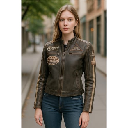 Dames Vintage Tan Biker Racing Badges Leren Jas - Eastleigh