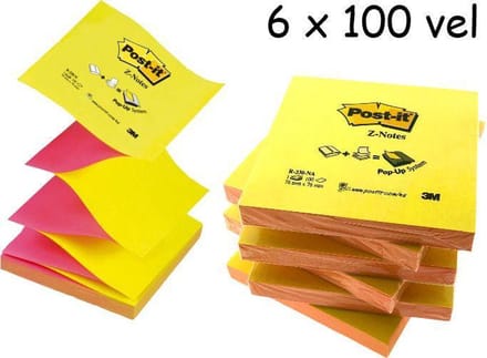 Memoblok 3m post-it z-note n330 76x76mm neon roze/geel - 6 x 100 vel