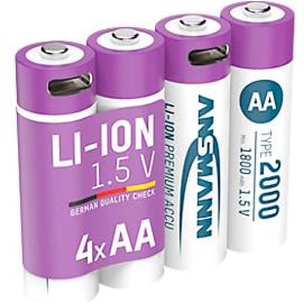 Li-Ion oplaadbare batterijen ANSMANN Mignon AA, 1,5 V, Type 2000 (min. 1800 mAh), 3,26 Wh, Type C opladen, 4 stuks