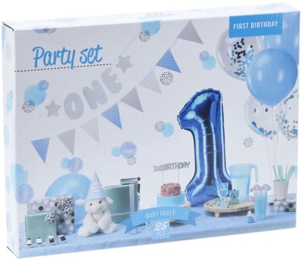 Feestversiering 1e verjaardag jongen blauw - decoratie set 9-delig karton.