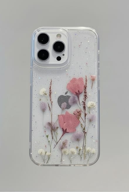 Vrolijk telefoonhoesje met echte gedroogde roze bloemen - Iphone 14 Pro