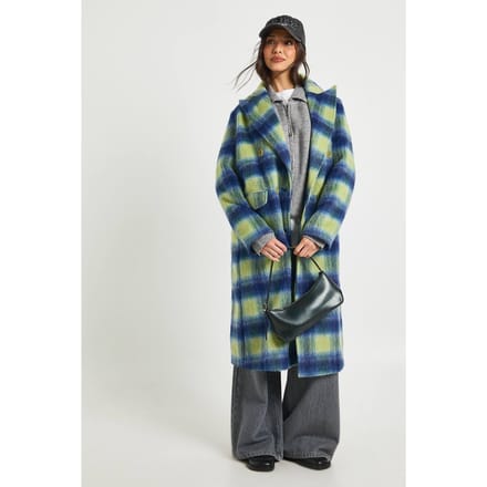 boohoo Dames Check Dubbelgebreide Jas met Wol-look | Blue | Maat: 8