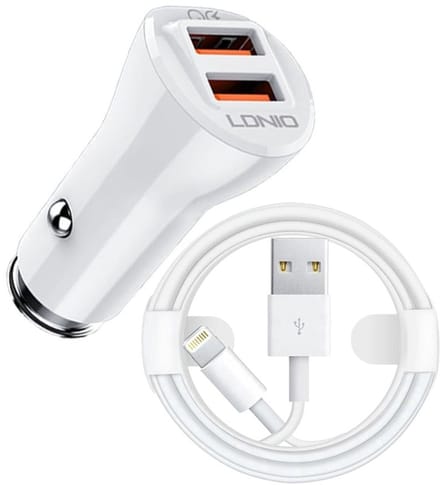 Auto Oplader - USB A naar Geschikt voor: Lightning Kabel (1M) wit & Auto Stekker - USB A Snel Lader 36W - Autolader