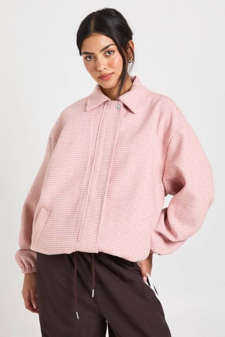 boohoo Dames Pied-de-poule Print Wollen Look Bomberjack | Roze | Maat: 36