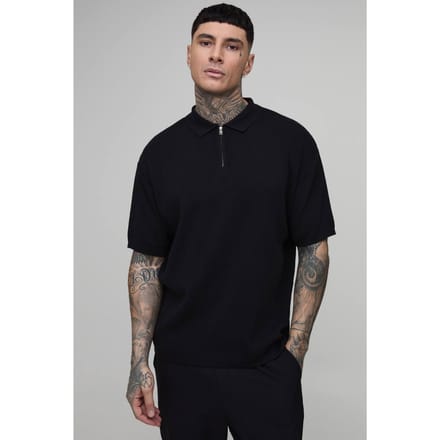 Tall Oversized Boxy 1/4 Zip Cotton Blend Knitted Polo T-Shirt | Black | Size Medium