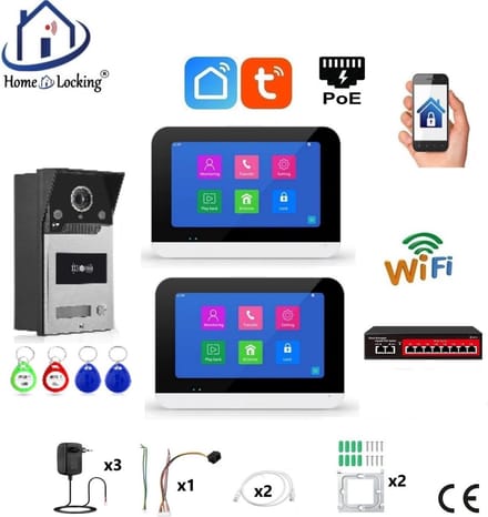 Smart WIFI deur intercom/videofoon touchscreen met bediening via Smart Life APP werkt met Alexa en Google spraaksturing. T-2302-1-2