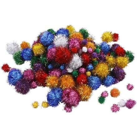Pom-poms, d: 15-40 mm, circa 75 stuk, glitterkleuren, glitter, 62gr
