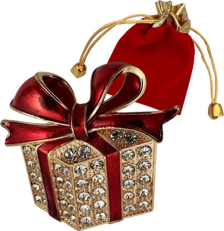 Kerst Broche met Strass - Cadeautje goud met rode strik - Kerstbroche Sieraad