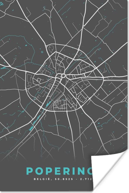 Poster Plattegrond – Poperinge – Blauw – Stadskaart - Kaart - België - 80x120 cm