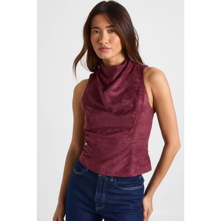 boohoo Dames Imitatiesuede Hoge Hals Cowl Top | Wine | Maat: 8
