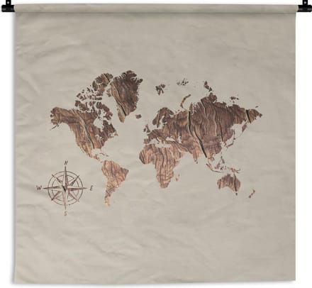 Wandkleed - Wereldkaart - Hout - Kompas - 120x120 cm - Wandtapijt