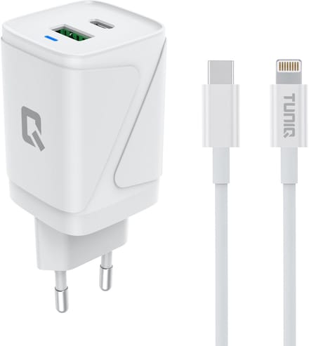 TUNIQ 30W GaN Snellader - USB-C & USB-A Power Delivery Adapter met 1M USB-C naar Lightning Kabel - Compacte Fast Charger voor iPhone, iPad en MacBook - Wit