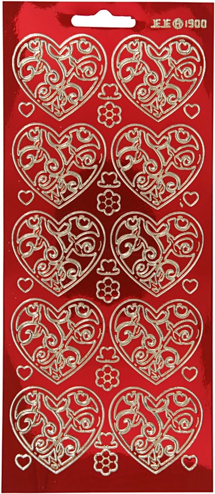 Stickers, harten, vel 10x23 cm, goud, transparant rood, 1 vel