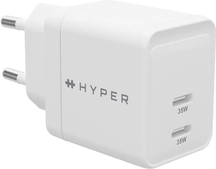 Hyper HyperJuice 2-port GaN oplader (35W) – Compacte afmetingen 40.2 x 40.1 x 29.4 mm – Dubbele 35W USB-C aansluitingen – Compatibel met USB-C apparaten - Wit