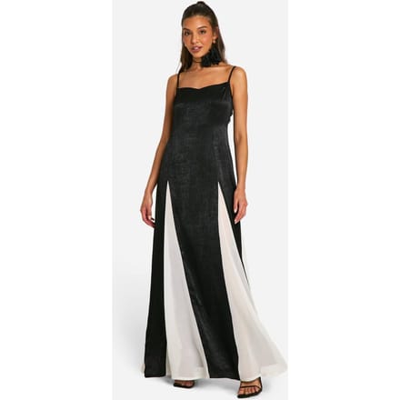 boohoo Dames Satijn Contrast Godet Maxi Jurk | Black | Maat: 8