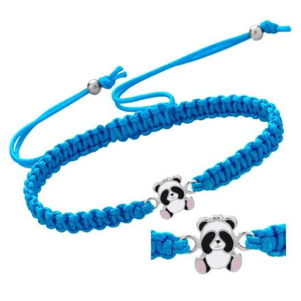 Panda armband meisje - katoen en zilver - blauw - 14 cm