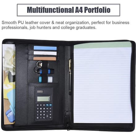 A4 PU-lederen zakelijke portfoliomap met ritssluiting, organizer + rekenmachine black